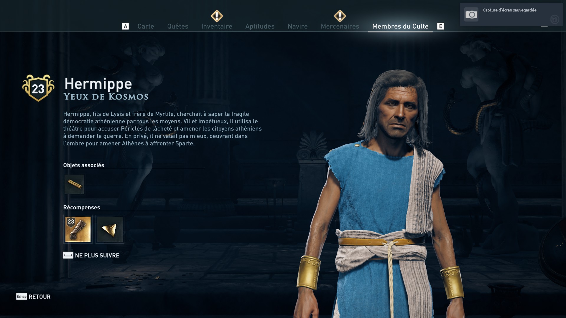 Assassin's Creed Odyssey trouver et tuer les adeptes du culte du Kosmos, ps4, xbox one, pc, ubisoft, jeu vidéo, Yeux de Kosmos, hermippe
