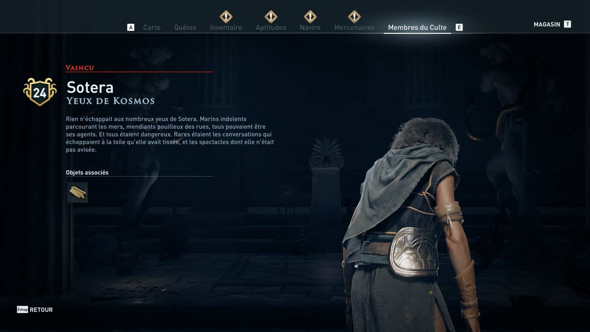 Assassin's Creed Odyssey trouver et tuer les adeptes du culte du Kosmos, ps4, xbox one, pc, ubisoft, jeu vidéo, Yeux de Kosmos, sotera