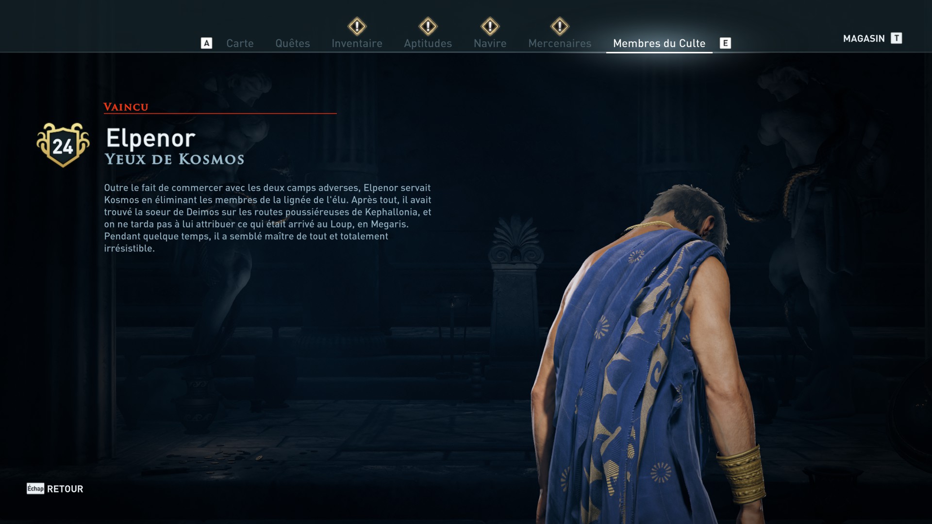 Assassin's Creed Odyssey trouver et tuer les adeptes du culte du Kosmos, ps4, xbox one, pc, ubisoft, jeu vidéo, Yeux de Kosmos, elpenor