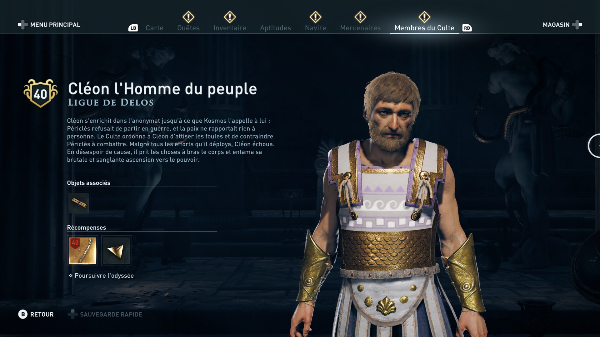 Assassin's Creed Odyssey trouver et tuer les adeptes du culte du Kosmos, ps4, xbox one, pc, ubisoft, jeu vidéo, Ligue de delos Cleon l'homme du peuple